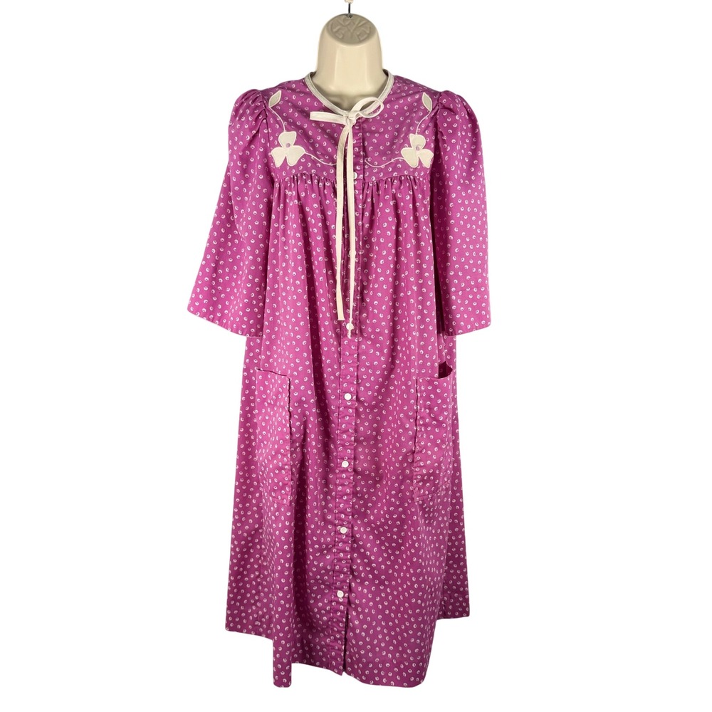 Vtg Models Coat Purple Floral‎ Snap Front House Dress Robe Midi S M Grandmacore